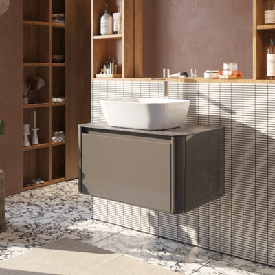 Plum&Clay Mayfair Gloss Dark Grey Wall Hung Bathroom Vanity Unit with Black Slate Countertop (W)750mm (H)406mm