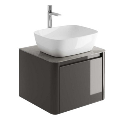 Plum&Clay Mayfair Gloss Dark Grey Wall Hung Bathroom Vanity Unit with Grey Marble Countertop (W)550mm (H)406mm