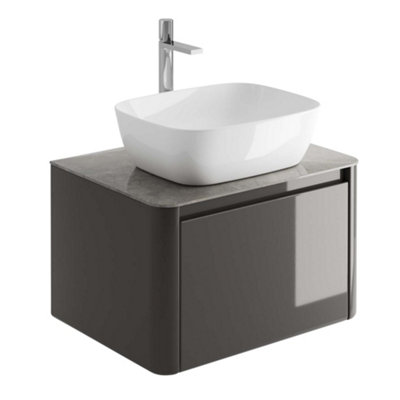 Plum&Clay Mayfair Gloss Dark Grey Wall Hung Bathroom Vanity Unit with Grey Marble Countertop (W)650mm (H)406mm
