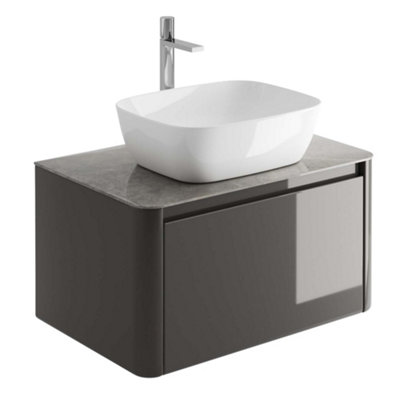 Plum&Clay Mayfair Gloss Dark Grey Wall Hung Bathroom Vanity Unit with Grey Marble Countertop (W)750mm (H)406mm