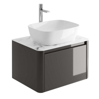Plum&Clay Mayfair Gloss Dark Grey Wall Hung Bathroom Vanity Unit with White Marble Countertop (W)650mm (H)406mm