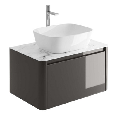 Plum&Clay Mayfair Gloss Dark Grey Wall Hung Bathroom Vanity Unit with White Marble Countertop (W)750mm (H)406mm