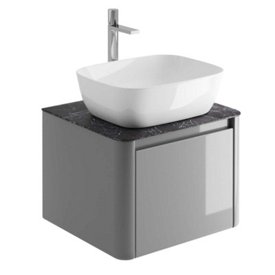 Plum&Clay Mayfair Gloss Light Grey Wall Hung Bathroom Vanity Unit with Black Slate Countertop (W)550mm (H)406mm