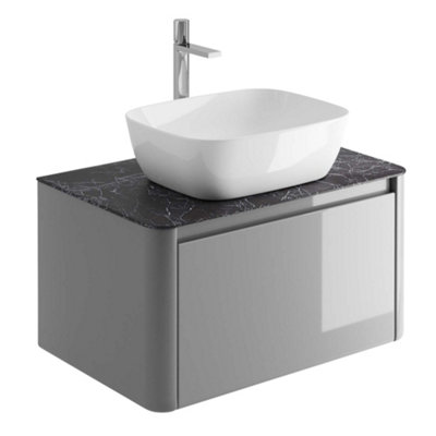 Plum&Clay Mayfair Gloss Light Grey Wall Hung Bathroom Vanity Unit with Black Slate Countertop (W)750mm (H)406mm