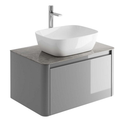 Plum&Clay Mayfair Gloss Light Grey Wall Hung Bathroom Vanity Unit with Grey Marble Countertop (W)750mm (H)406mm