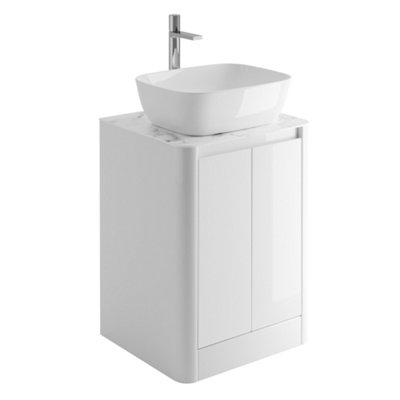 Plum&Clay Mayfair Gloss White Freestanding Bathroom Vanity Unit with White Marble Countertop (W)550mm (H)745mm