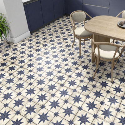 Plum&Clay Nova Matt Ceramic Blue Star Patterned Wall & Floor Tile, Box of 56, (L)450mm (W)450mm