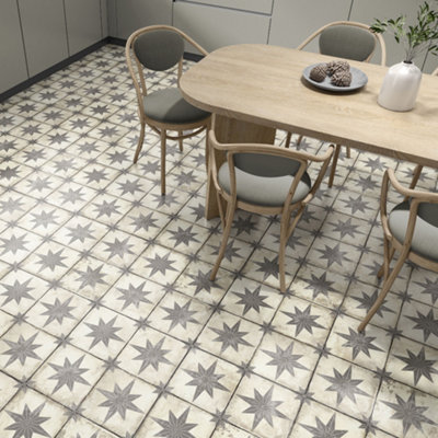 Plum&Clay Nova Matt Ceramic Grey Star Patterned Wall & Floor Tile, Box of 56, (L)450mm (W)450mm
