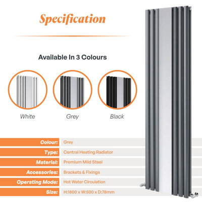 Plum&Clay Orion Grey Vertical Mirror Radiator (H)1800mm (W)500mm