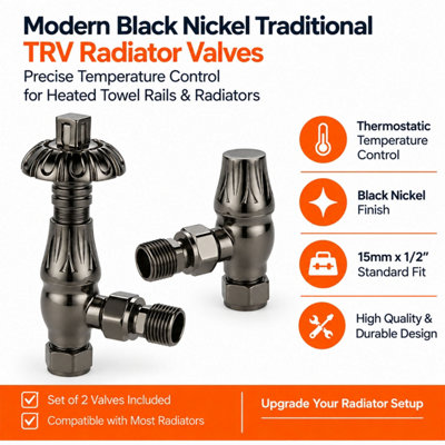 Plum&Clay Pair of Dark Nickel Decorative Metal Head Angled Radiator Valves