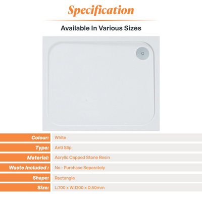 Plum&Clay Pearl Rectangular Low Profile Anti Slip White Shower Tray (L)1200mm (W)700mm (H)50mm
