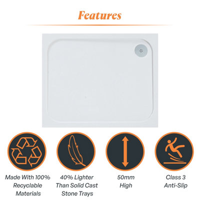 Plum&Clay Pearl Rectangular Low Profile Anti Slip White Shower Tray (L)1200mm (W)700mm (H)50mm