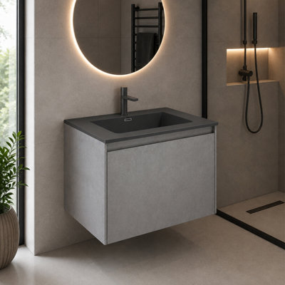 Plum&Clay Rigel Concrete Grey Wall Hung Bathroom Vanity Unit with Black ...