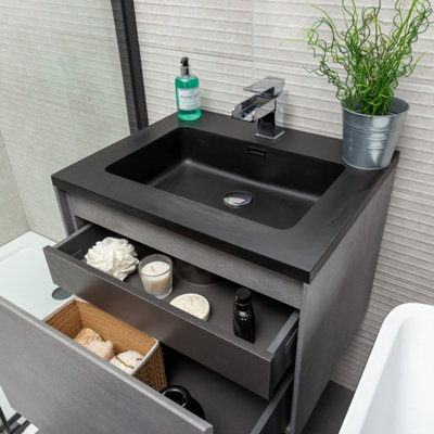 Plum&Clay Rigel Concrete Grey Wall Hung Bathroom Vanity Unit with Black ...