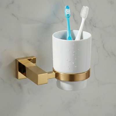 Plum&Clay Tate Wall Mounted Brushed Gold Toothbrush Holder with Ceramic Tumbler