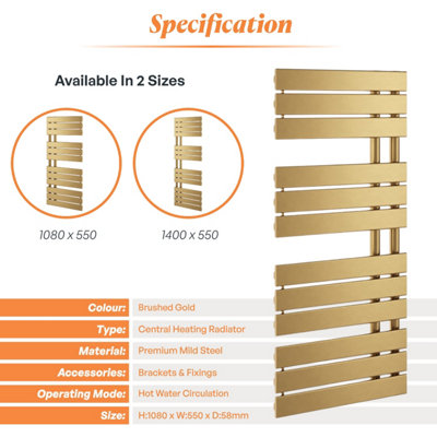 Plum&Clay Taurus Brushed Gold Heated Towel Radiator Rail (H)1080mm (W)550mm