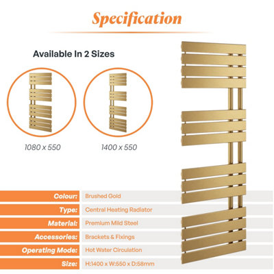 Plum&Clay Taurus Brushed Gold Heated Towel Radiator Rail (H)1400mm (W)550mm