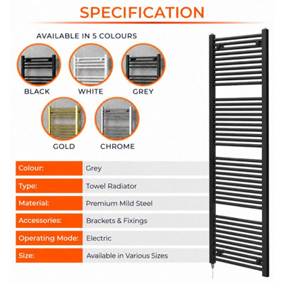 Plum&Clay Triton Anthracite Electric Heated Towel Rail (H)1800mm (W ...