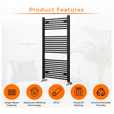 Plum&Clay Triton Black Heated Towel Rail (H)1200mm (W)600mm Ladder ...