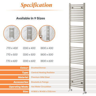 Plum&Clay Triton Brushed Nickel Heated Towel Radiator Rail (H)1800mm (W ...