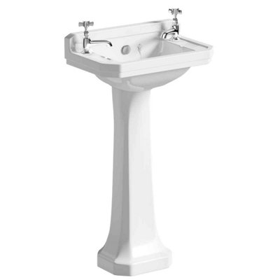 Plum&Clay Violet Traditional Cloakroom Pedestal Basin Compact White Ceramic 2 Hole Bathroom Sink