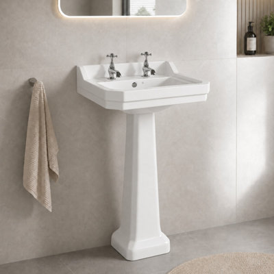 Plum&Clay Violet Traditional Hand Wash Basin & Pedestal (W610mm) 2 Tap Hole Ceramic Bathroom Sink