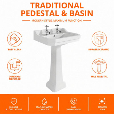 Plum&Clay Violet Traditional Hand Wash Basin & Pedestal (W610mm) 2 Tap Hole Ceramic Bathroom Sink