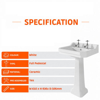 Plum&Clay Violet Traditional Hand Wash Basin & Pedestal (W610mm) 2 Tap Hole Ceramic Bathroom Sink