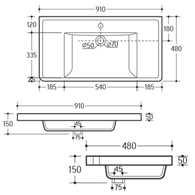 Plum&Clay White Bathroom Ceramic Basin Sink Single Tap Hole Rectangular Replacement Vanity Basin 900mm