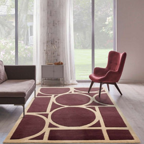 Plum Geometric Bordered ,Modern Wool Rug For Bedroom & Living Room-120cm X 170cm