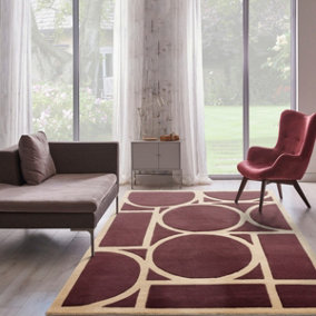 Plum Geometric Bordered ,Modern Wool Rug For Bedroom & Living Room-160cm X 230cm