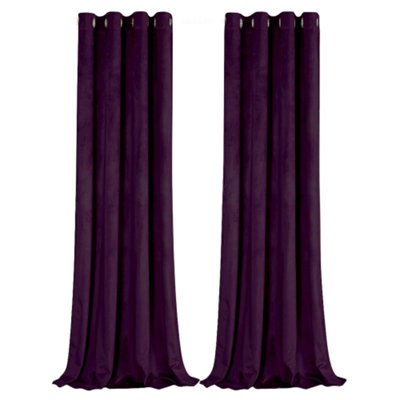 Plum Purple Velvet Blackout Eyelet Curtains - 46x54 Inch Drop - Pair