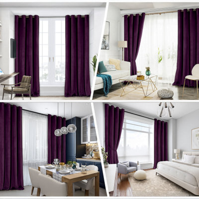 Plum Purple Velvet Blackout Eyelet Curtains - 46x54 Inch Drop - Pair