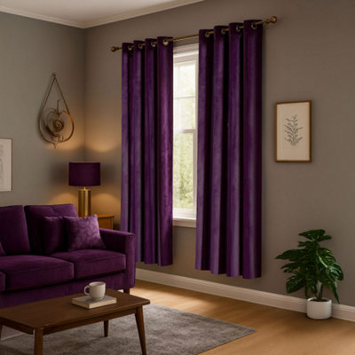 Plum Purple Velvet Blackout Eyelet Curtains - 46x54 Inch Drop - Pair
