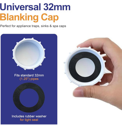 PlumbEZ Universal Appliance Blanking Cap, Easy Fit Sink Trap Blanking Cap with Washer, 32mm (1.25") White Appliance Cap