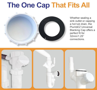 PlumbEZ Universal Appliance Blanking Cap, Easy Fit Sink Trap Blanking Cap with Washer, 32mm (1.25") White Appliance Cap