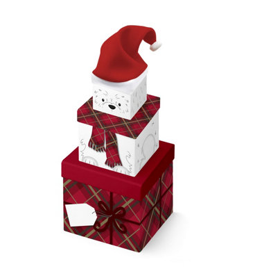 Plush Christmas Gift Boxes Westie Tartan Xmas Eve 3 Stacking Nesting