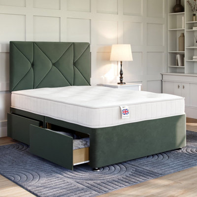 Plush Emerald Green Platform Top Divan Bed Base 4FT Small Double with 4 ...