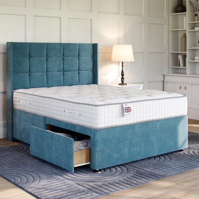 Plush Teal Platform Top Divan Bed Base Only 4FT Small Double with 2 Drawers