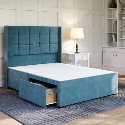 Plush Teal Platform Top Divan Bed Base Only 4FT Small Double with 4 Drawers