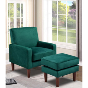 Plush velvet chair with footstool in green