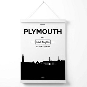 Plymouth Black and White City Skyline Poster with Hanger / 33cm / White