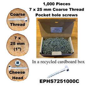 Pocket Hole Screws, 25mm Long, Pack of 1,000, Coarse Self-Cutting Threaded Square Drive, EPHS7251000C, EPH Woodworking