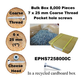 Pocket Hole Screws, 25mm Long, Pack of 8,000, Coarse Self-Cutting Threaded Square Drive, EPHS7258000C, EPH Woodworking