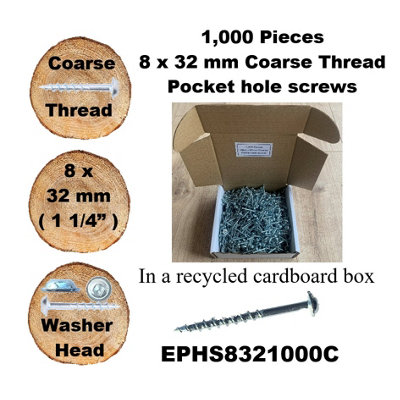 Pocket Hole Screws, 32mm Long, Pack of 1,000, Coarse Self-Cutting Threaded Square Drive, EPHS8321000C, EPH Woodworking