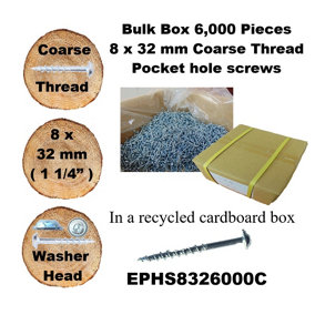 Pocket Hole Screws, 32mm Long, Pack of 6,000, Coarse Self-Cutting Threaded Square Drive, EPHS8326000C, EPH Woodworking