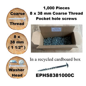Pocket Hole Screws, 38mm Long, Pack of 1,000, Coarse Self-Cutting Threaded Square Drive, EPHS8381000C, EPH Woodworking