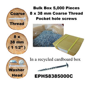 Pocket Hole Screws, 38mm Long, Pack of 5,000, Coarse Self-Cutting Threaded Square Drive, EPHS8385000C, EPH Woodworking