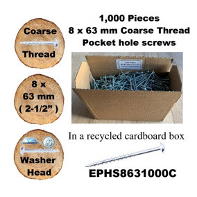Pocket Hole Screws, 63mm Long, Pack of 1,000, Coarse Self-Cutting Threaded Square Drive, EPHS8631000C, EPH Woodworking