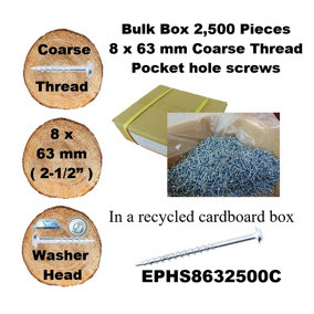 Pocket Hole Screws, 63mm Long, Pack of 2,500, Coarse Self-Cutting Threaded Square Drive, EPHS8632500C, EPH Woodworking